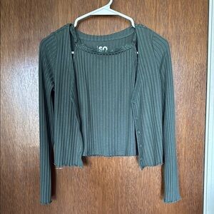 Ribbed Green Cardigan and Top Set